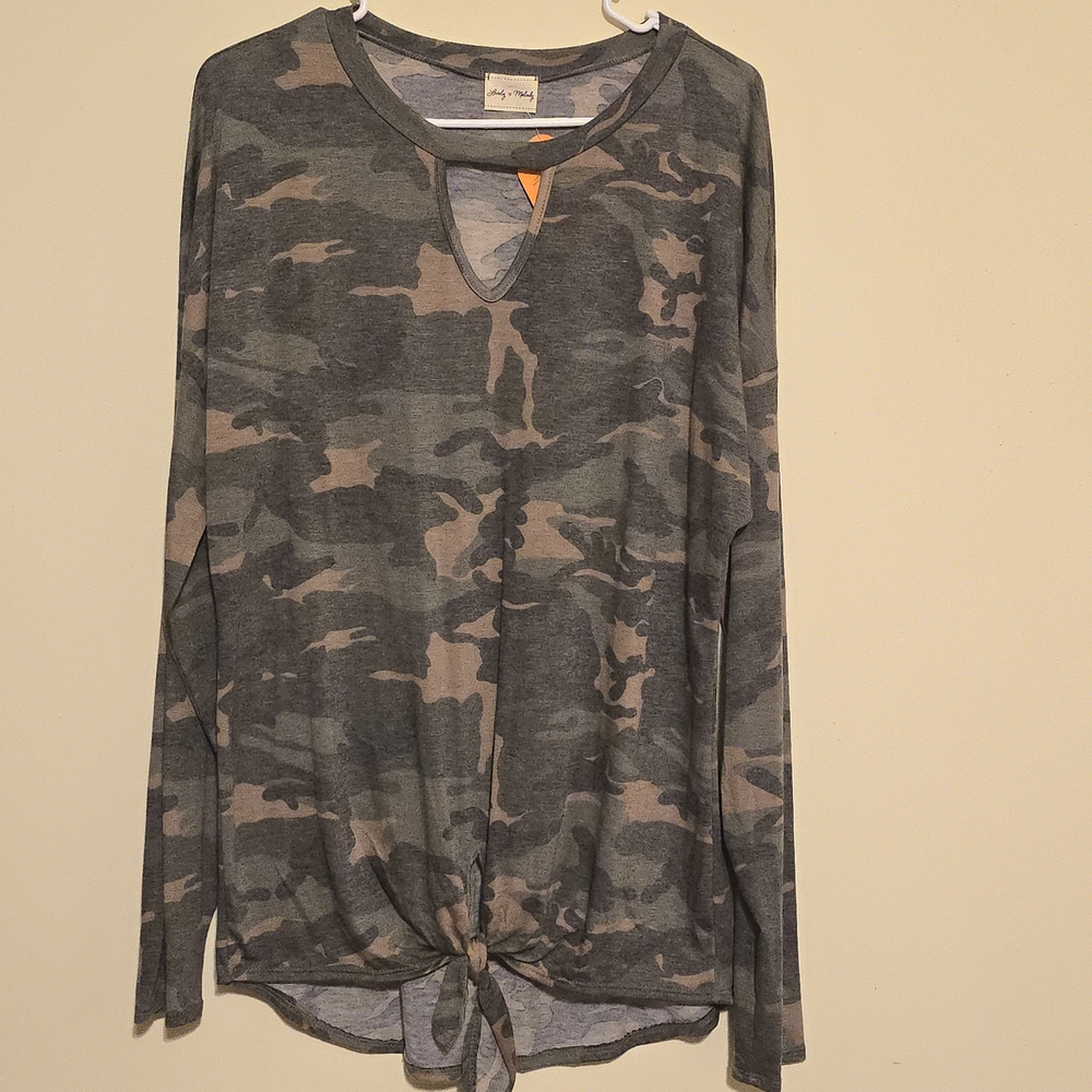 Lovely Melody Camouflage Long Sleeve Top with Tie-Front